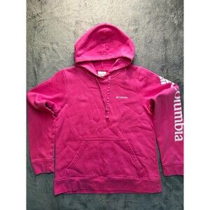 Columbia Women’s L Regular Pink Logo Cotton Fleece Pullover Hooded Kangaroo 20
